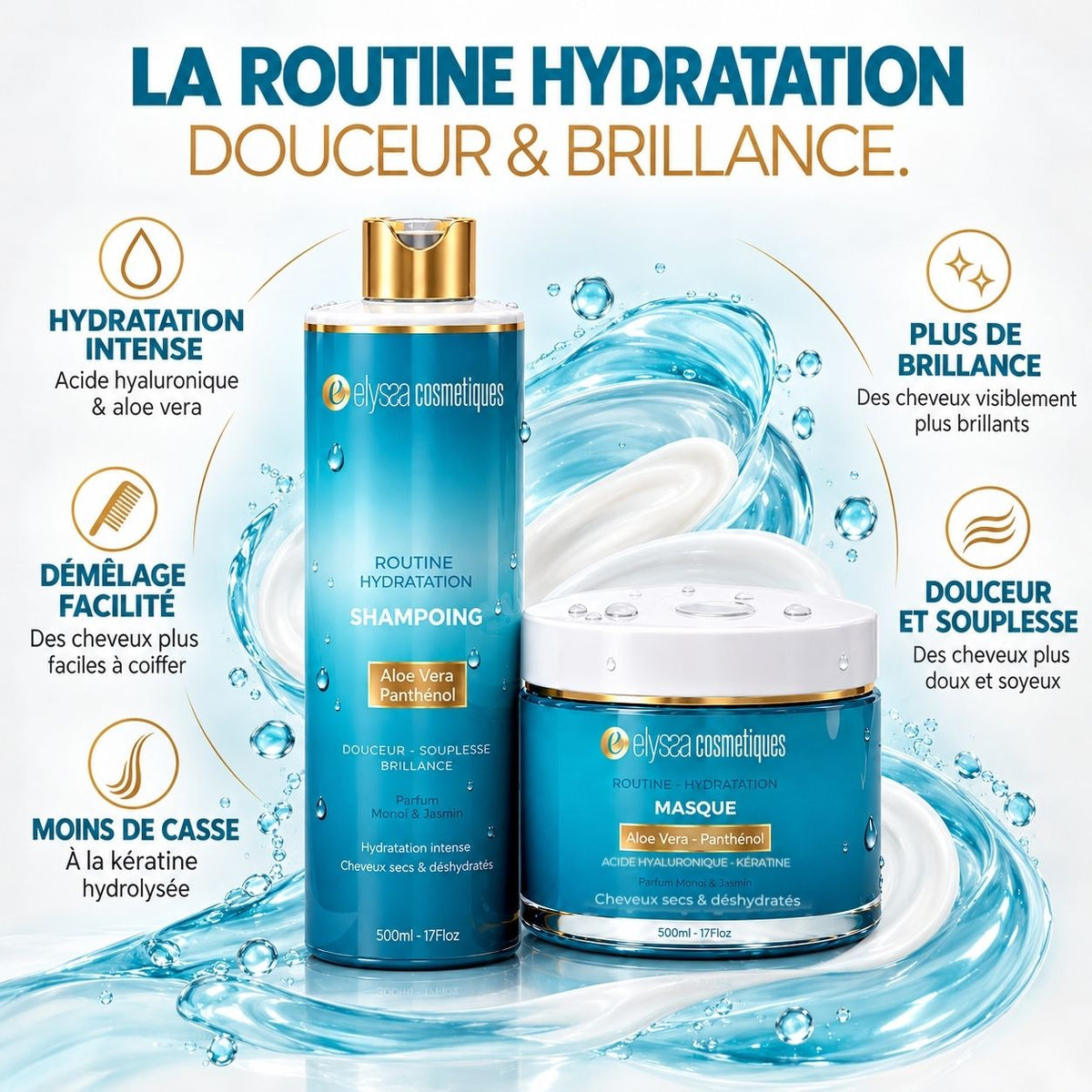 Routine Hydratation — Shampoing + Masque | Cheveux secs & déshydratés | 2 × 500 ml