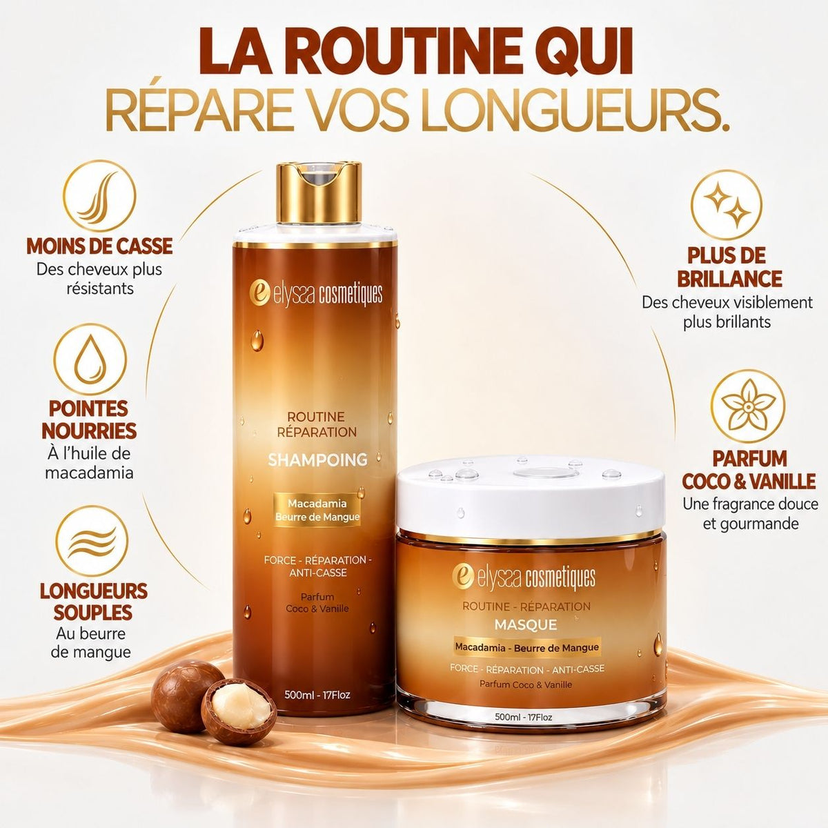Routine Réparation — Shampoing + Masque | Cheveux abîmés, colorés & cassants | 2 × 500 ml